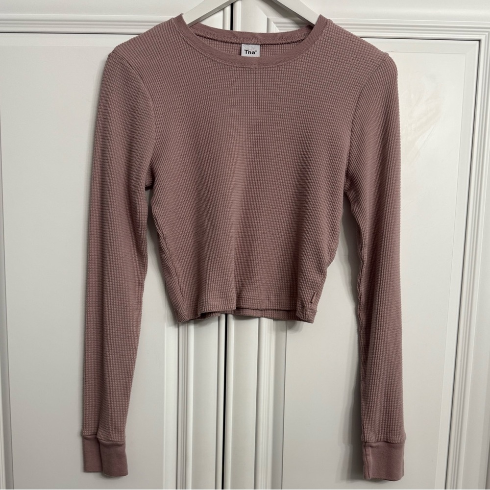TNA Women’s Size Large Rose Pink Waffle Soul Long Sleeve Cropped Crew Neck Top